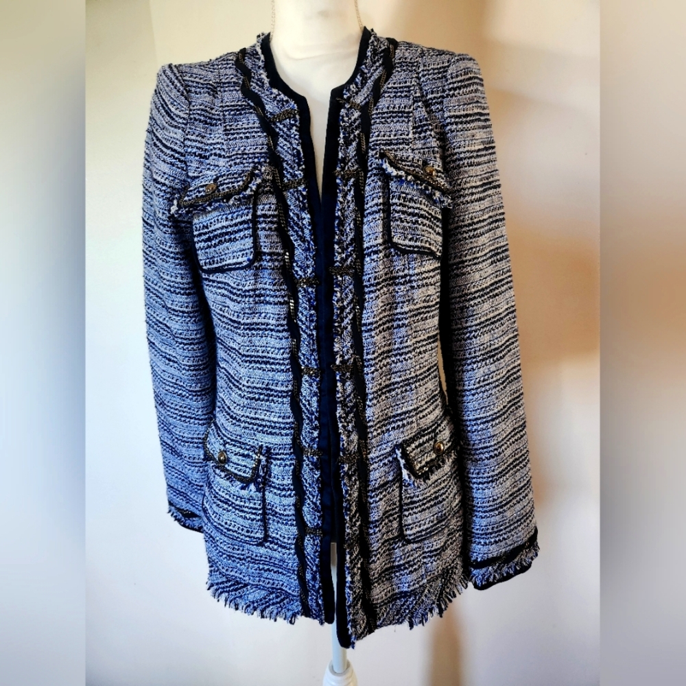 Womens long tweed chain embellished jacket.